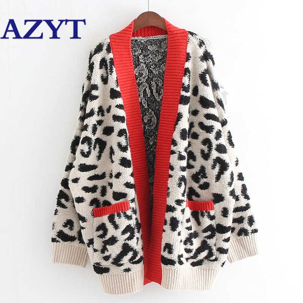 Abra o leopardo casual cardigan moda camisola longa e vermelho amarelo de malha de mancheira de manchete para fora casaco 210922