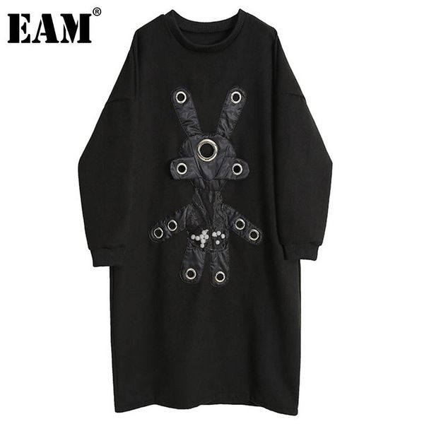 

casual dresses [eam] women big size metal circle black dress round neck long sleeve loose fit fashion tide spring autumn 2021 1dd2603, Black;gray