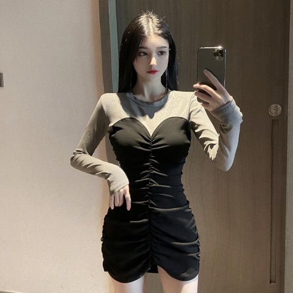 

casual dresses autumn folds splicing package hip for women korean fashion fake two pieces long sleeve slim tunic dress high quality, Black;gray