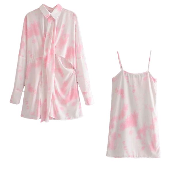 

summer women two piece set tie-dye long shirt & thin strap inner wear mini dress ensemble femme chandal mujer 210420, White