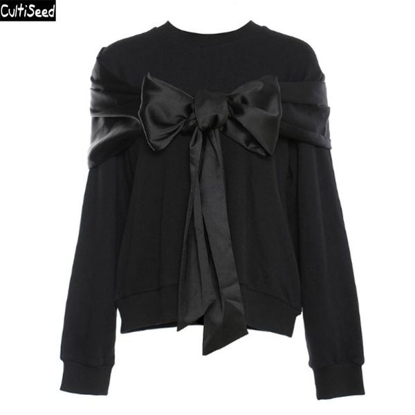 

women's hoodies & sweatshirts cultiseed women personalized stitching big bow coat female autumn pullovers long sleeve loose casual top, Black