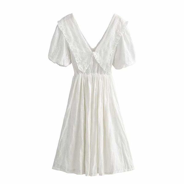 

summer women vintage embroidery dress elegant short puff sleeves fashion v-neck midi dresses woman robe 210709, Black;gray