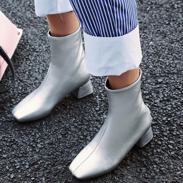 

boots rimocy 2021 silver laser ankle for women square heels pu solid color botas mujer warm plush plus size shoes woman, Black