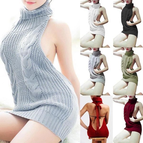 

casual dresses s women backless sleeveless turtleneck pullover knit sweater cosplay dress, Black;gray