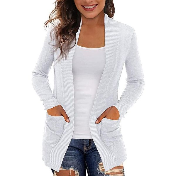 

women's knits & tees solid women cardigans with pockets long sleeve loose knittwear casual sweater cardigan female thin knitted coat 3, White