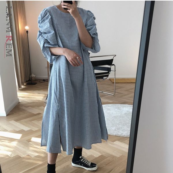 

korean style dress women retro plaid puff sleeves large size loose slit side es female party clothes yj89605 210507, Black;gray