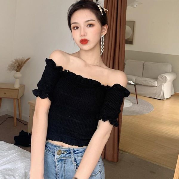 

women's t-shirt women's fashion korean tube solid color slim short exposure knitted 2021, White