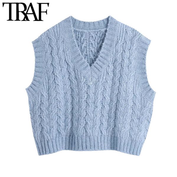 

traf women sweet fashion oversized cable-knit vest sweater vintage v neck sleeveless female waistcoat chic 210415, White