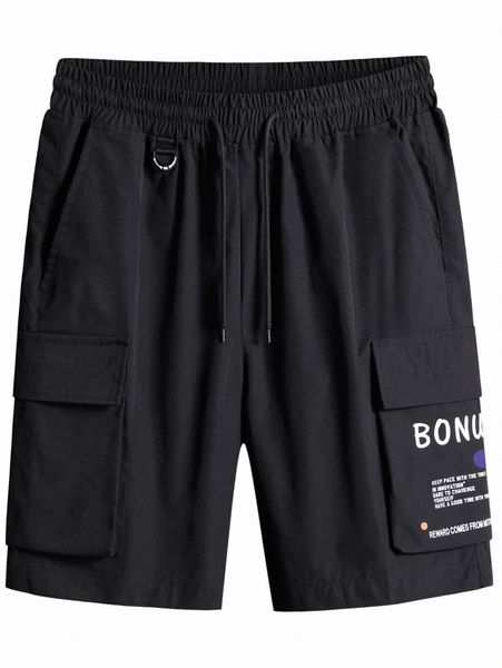 

men flap pocket drawstring slogan graphic shorts 19ob#, Black