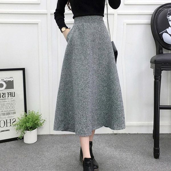 

skirts le celebre a line lanon 2021 winter big swing women midi with pockets solid color high waist gray khaki, Black