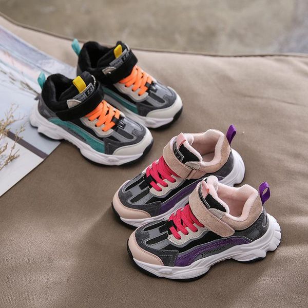 

sneakers 2021 winter children genuine leather sneaker little boys black plush shoes keep warm toddler girls pink casual contracted, Black;red