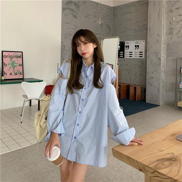 

women's blouses & shirts korean style oversized 2021 summer long sleeves hollow out mid-length chiffon casual female fashion, White