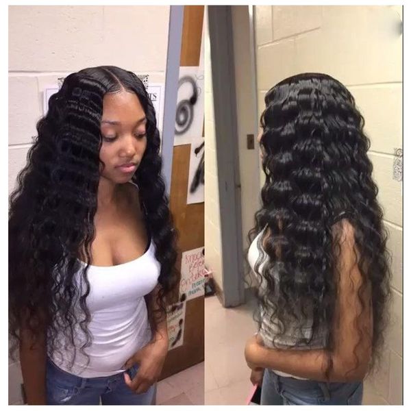 

synthetic wigs black deep wave for women lace front heat temperature glueless middle part high density makeup