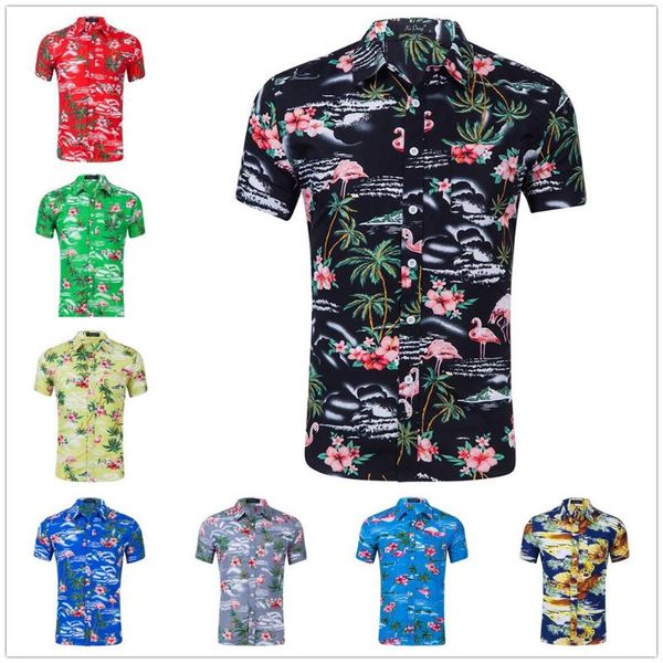 

men's summer flamingo printed short-sleeved beach hawaiian shirt street wear casual shirts, White;black