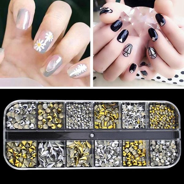 

nail art decorations 1 box glitter 3d rhinestones ab flat back shiny stones beads mixed size gems crystal strass, Silver;gold