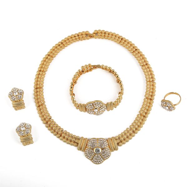 Cor do ouro africano indiano nupcial flor colar brincos pulseira anel casamento conjuntos de jóias