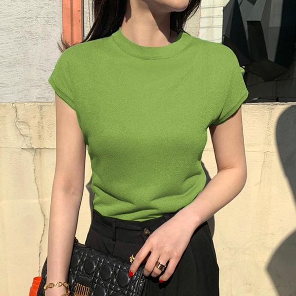 

women's t-shirt 2021 summer arrival ice silk knitted t shirt women short sleeve half turtleneck pullover fashion tee femme solid, White