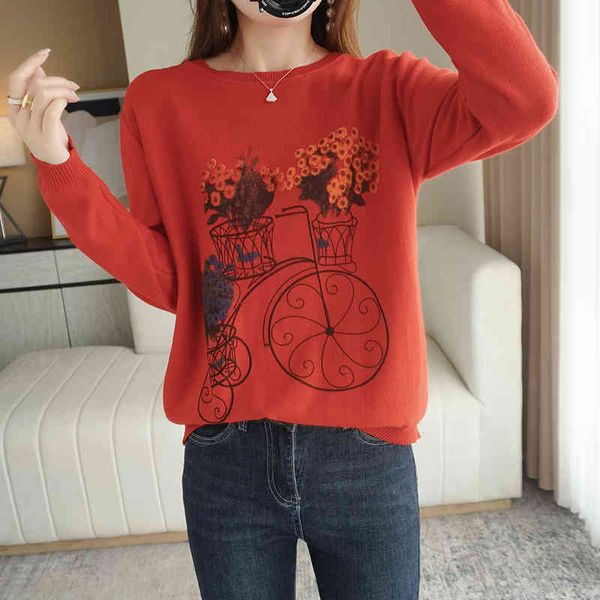 

women's sweaters printed round neck cotton pullover fall/winter retro art lazy style large size loose knitted trend onry, White;black