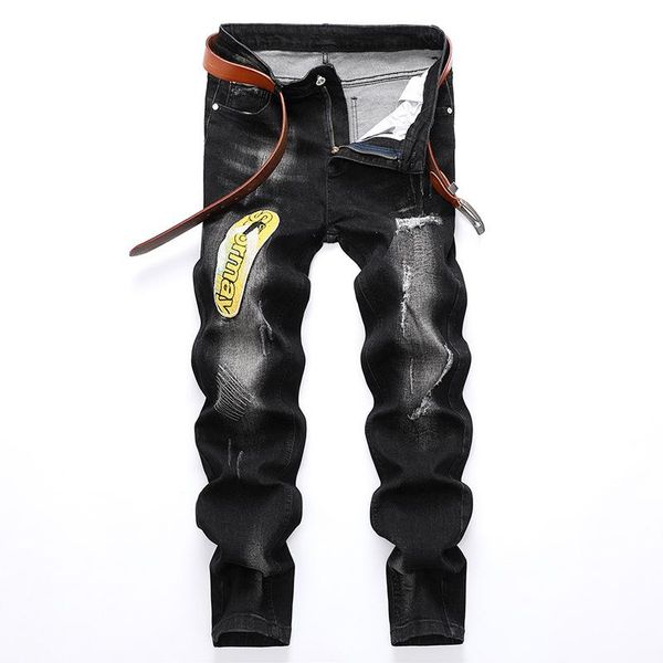 

men's jeans fashion mens clothing straight cotton youth casual ripped slim denim pants personality washed cowboy trousers, Blue