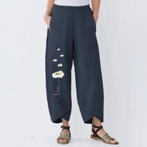 

pants women summer irregular hem loose daisy print cotton linen elastic waist trousers female wide leg pockets pantalones #616 women's, Black;white