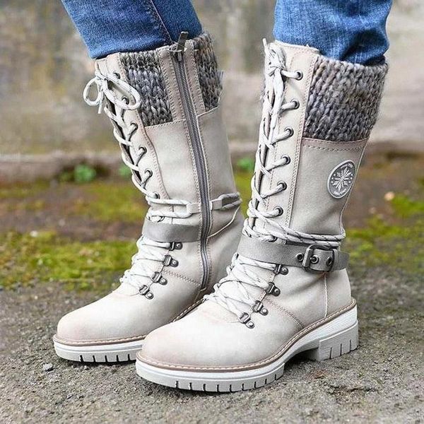 

boots fashion brand winter mid calf women round toe square high heel snow lace up string warm shoes 2021 for lad, Black