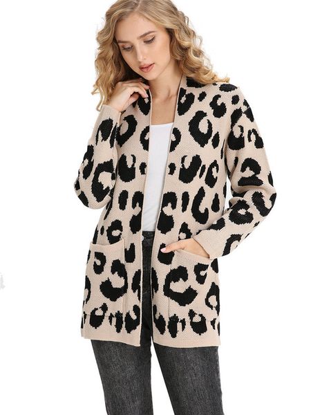

casual open front women leopard long cardigan sweater with pocket, Black