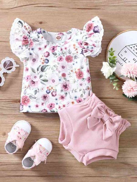 

baby floral print ruffle sleeve & paperbag waist bow shorts she, White
