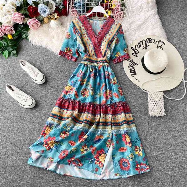 Женское печать длинное платье тайское этническое стиль Бали Санья пляжный отдых PO Super Fairy Bohemian ML795 210506