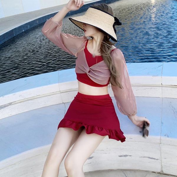 

women swimsuit gathered slim mesh sunscreen swimwear two piece set swimming pool bathing suit one-piece suits