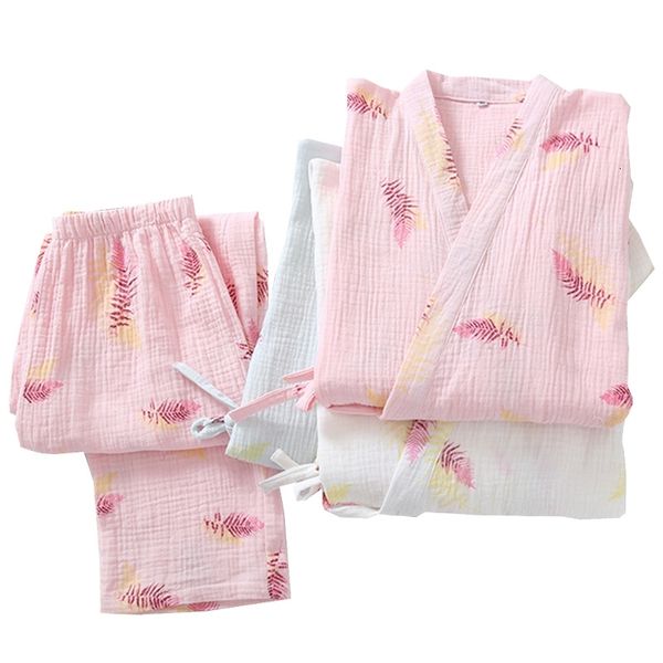 

women's sleepwear spring & autumn japanese kimono style pajamas set cotton crepe nightgown soft comfort feather print bathrobe oan, Black;red