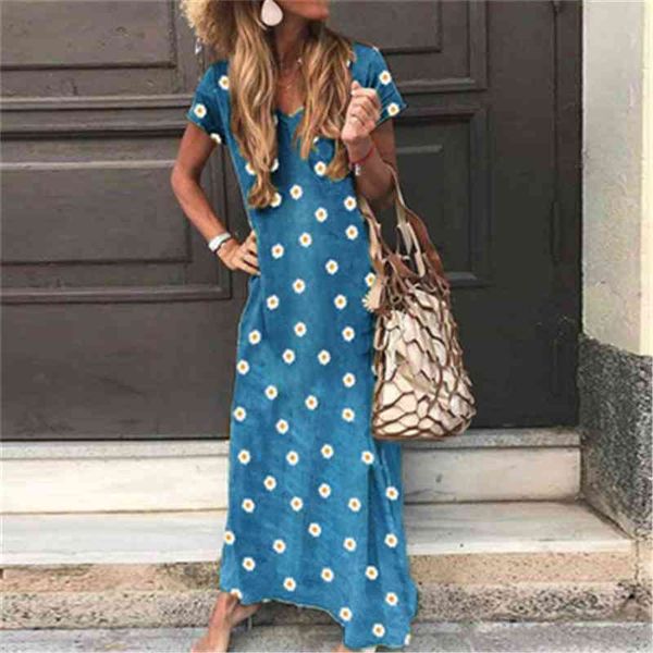 

women's summer 2020 new daisy print v-neck short sleeve dress casual long beach skirt, Black;gray