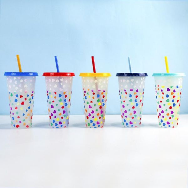 

mugs 710ml straw cup with lid color change coffee plastic tumbler matte finish reusable love heart shape
