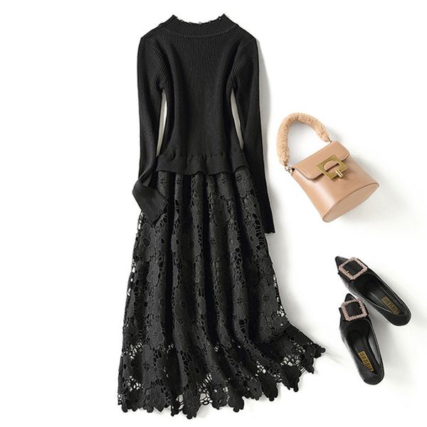 

2021 autumn winter elegant black lace long sleeve slim midi party dress bodycon long knitted sweater dress spring vestidos, Black;gray