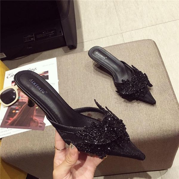 

slippers 2021 summer designer women bling butterfly knots low high heels slides mules glitter rhinestone wholesale shoes, Black