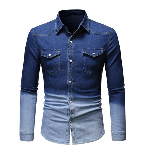 

men's casual shirts 2021 spring and autumn contrast color single breasted slim street long sleeve denim shirt, White;black