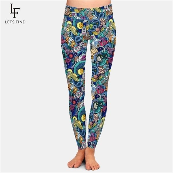 

letsfind high waist women elastic casual leggings 3d cartoon hand-drawn space style print plus size girl full 211218, Black