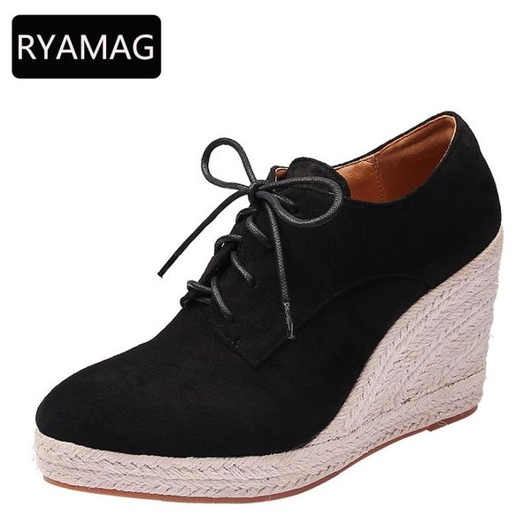 

dress shoes ryamag autumn and winter women's wedges pumps thick-soled lace-up espadrilles high-heeled thick-heeled straw woven, Black
