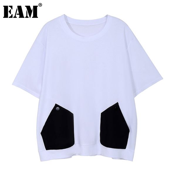 

[eam] women white pocket big size casual spliced t-shirt round neck short sleeve fashion spring summer 1dd7519 210512