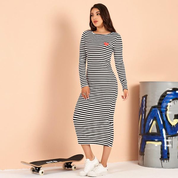 

casual dresses spring and summer ladies fashion black white striped love print ins wind slim sports over the knee long stretch woman dress, Black;gray