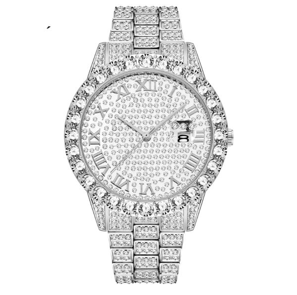 

missfox european hip hop full diamond mens watches bracelet quartz calendar mineral hardlex mirror wrist watch manufacturers direct sales, Slivery;brown