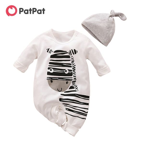 Verspielter Zebra-Langarm-Baumwoll-2-teiliger Baby-Mädchen-Kleidungs-Overall in Weiß mit Mütze für geborene Outfits Set 210528