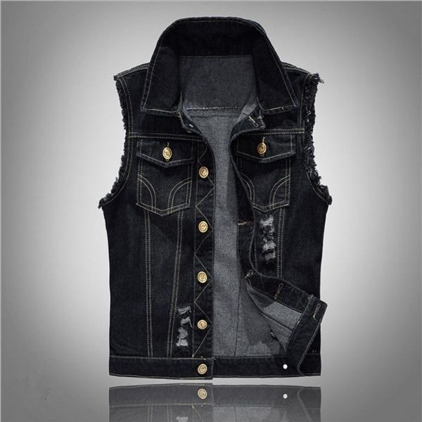 

men's vests spring autumn vintage design men denim male black sleeveless jackets hole jeans brand waistcoat s/6xl j2861 xy3w, Black;white