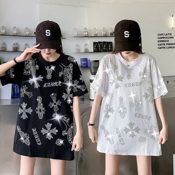 

ch 2021 heavy cross drill short sleeve t-shirt women's medium length loose thin summer trendy girl, White