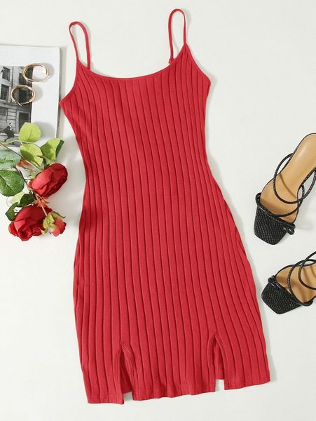 

ribbed cami -slit bodycon mini dress v9yh#, Black;gray