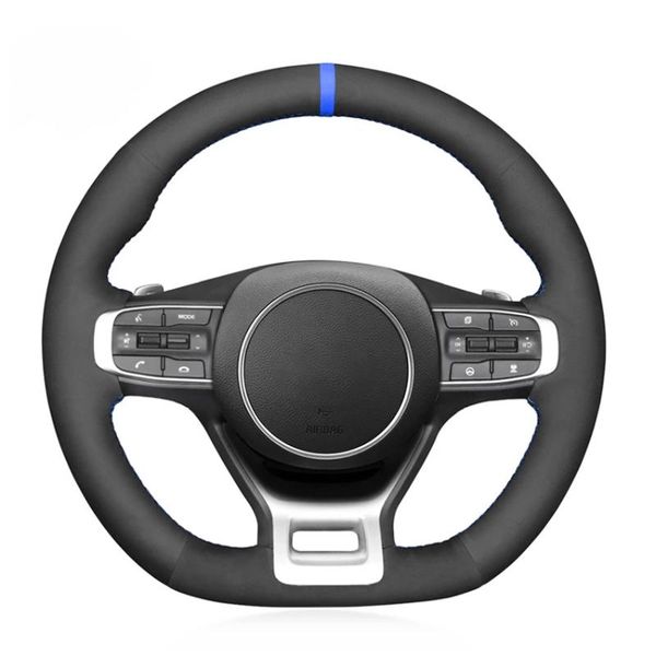 

steering wheel covers hand-stitched black suede blue marker soft car cover for kia optima 2021-2022 k5 gt gt-line sedan