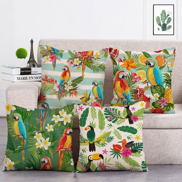 

tropical plant cushion covers flowers toucan parrot pink flamingo bird home decor farmhouse seat linen cotton pillow cases t118 cushion/deco