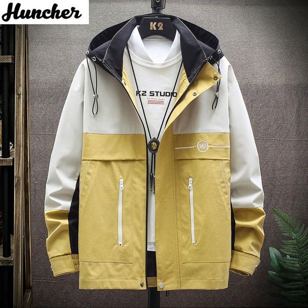 

men's jackets huncher men jacket 2021 hooded windbreaker hip hop japanese streetwear korean vintage patchwork yellow for male coat, Black;brown