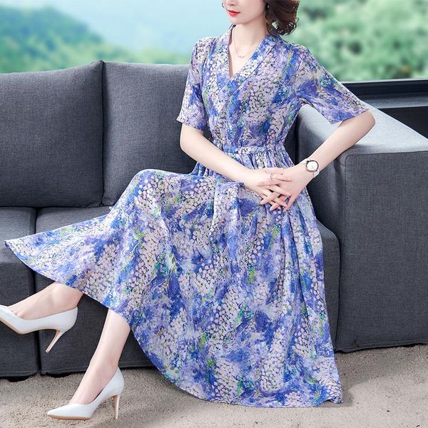 

casual dresses 2021 blue floral beach chiffon midi dress summer vintage ramie 3xl plus size vacation elegan women bodycon party vestidos, Black;gray