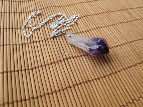 

arrived natural amethys t quartz rough point necklace 5pcs/lot with chain 18inch chains, Silver
