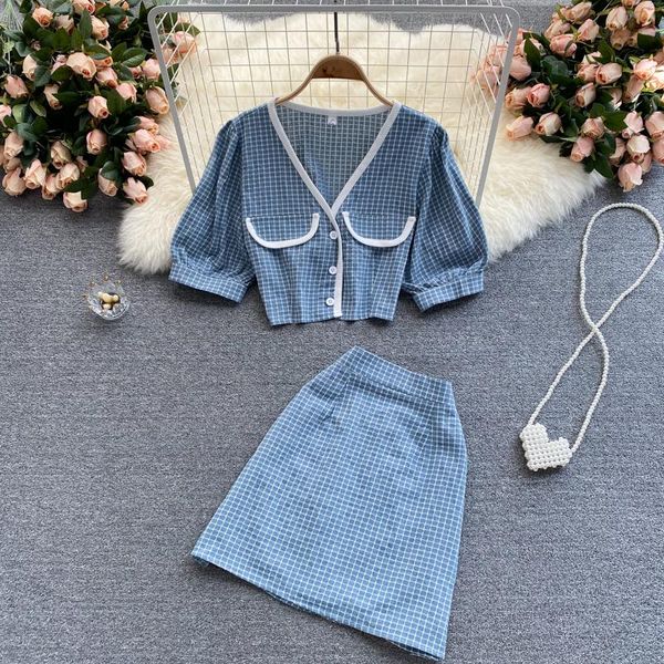 

plus size tracksuits celebrity the same temperament plaid suit for women summer puff sleeve v-neck crop and mini skirts two-piece sets, Black